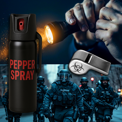 A whistle, pepper spray and a tactical flashlight above police in swat gear.