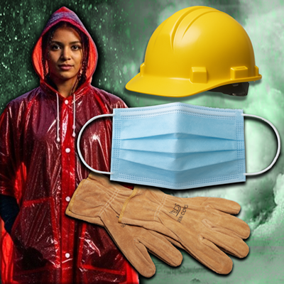 Poncho, gloves, mask, and hard hat