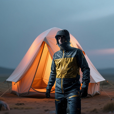 A man standing outside a camping tent wearing proper winter clothes.